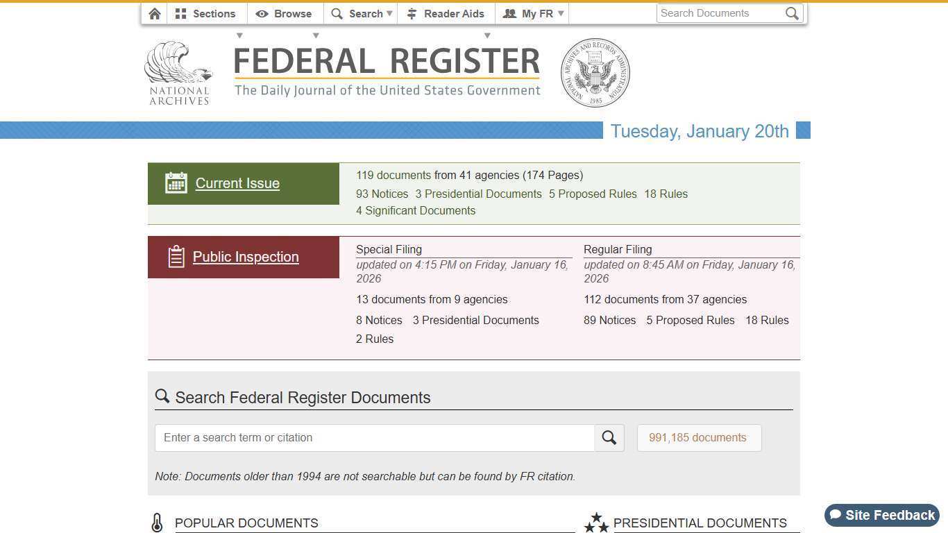 Federal Register :: Home - Tuesday, January 20th